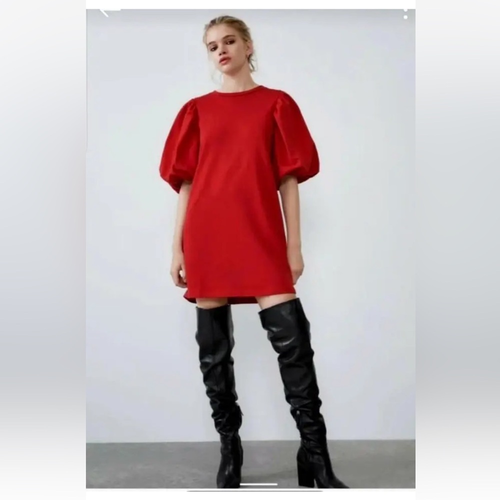 16 ZARA Red Dress with Buffalo Sleeves